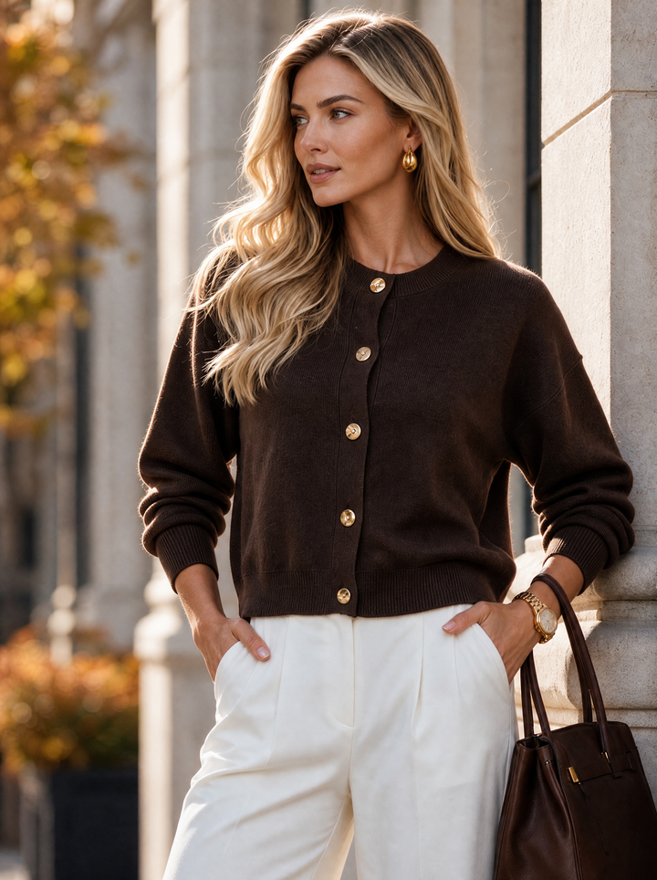 “JAMIE-LEE” Premium Gold Button Cardigan chocolate