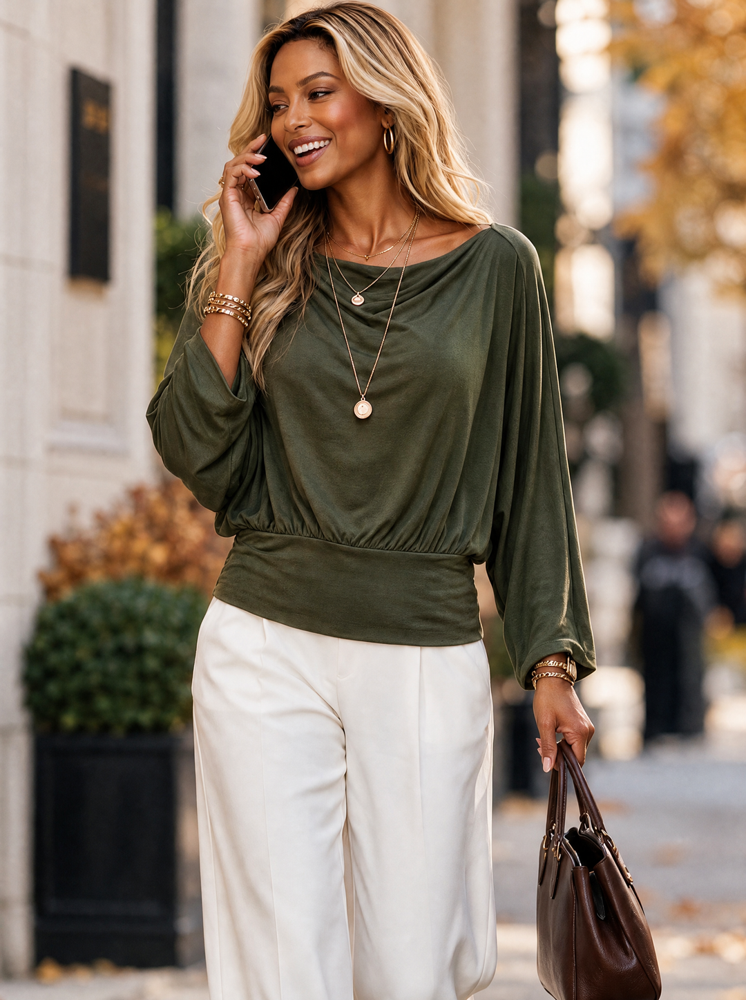 “VALERIE” Drape Neck Batwing Top khaki green
