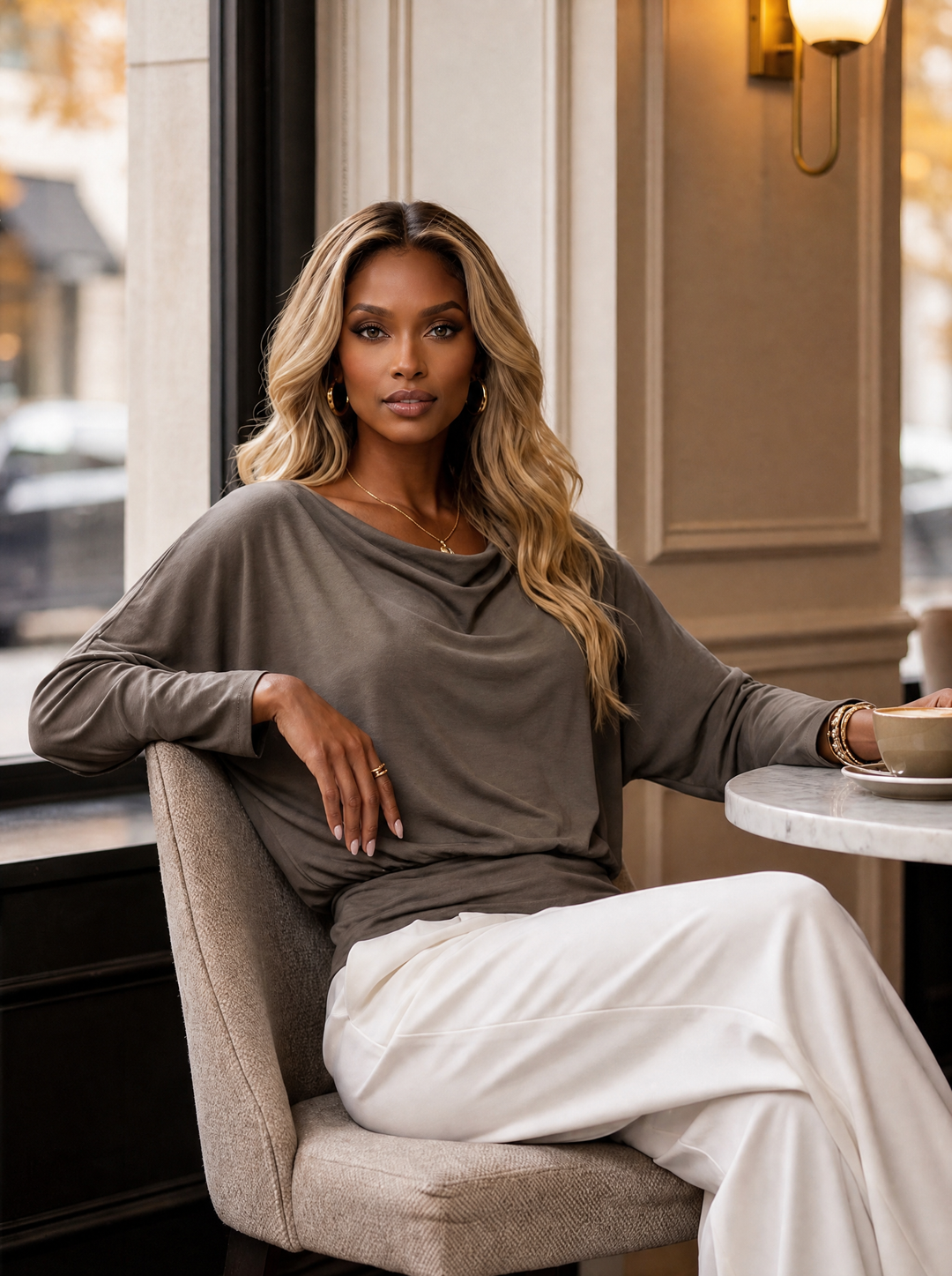 “VALERIE” Drape Neck Batwing Top mocha