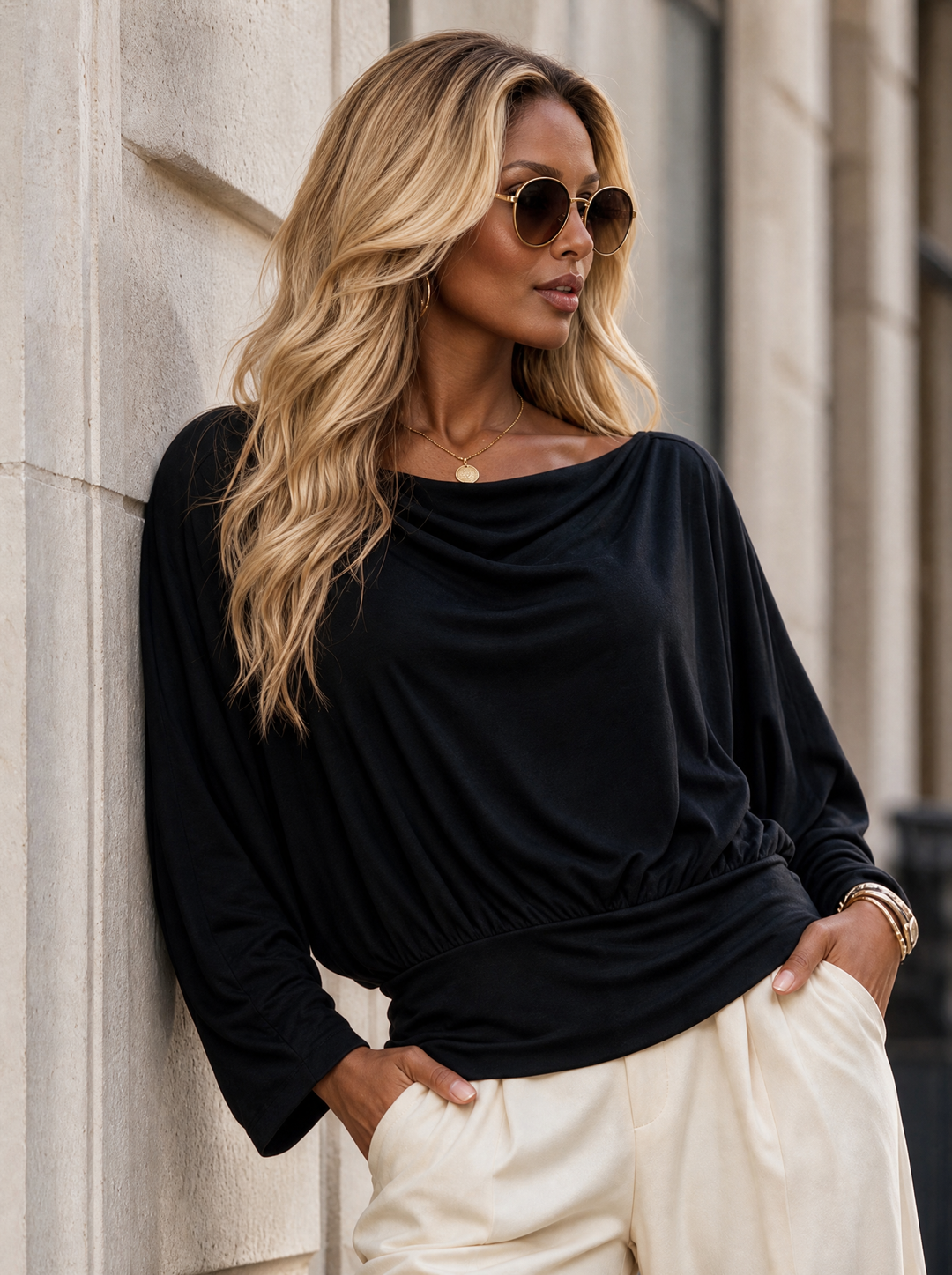 “VALERIE” Drape Neck Batwing Top black