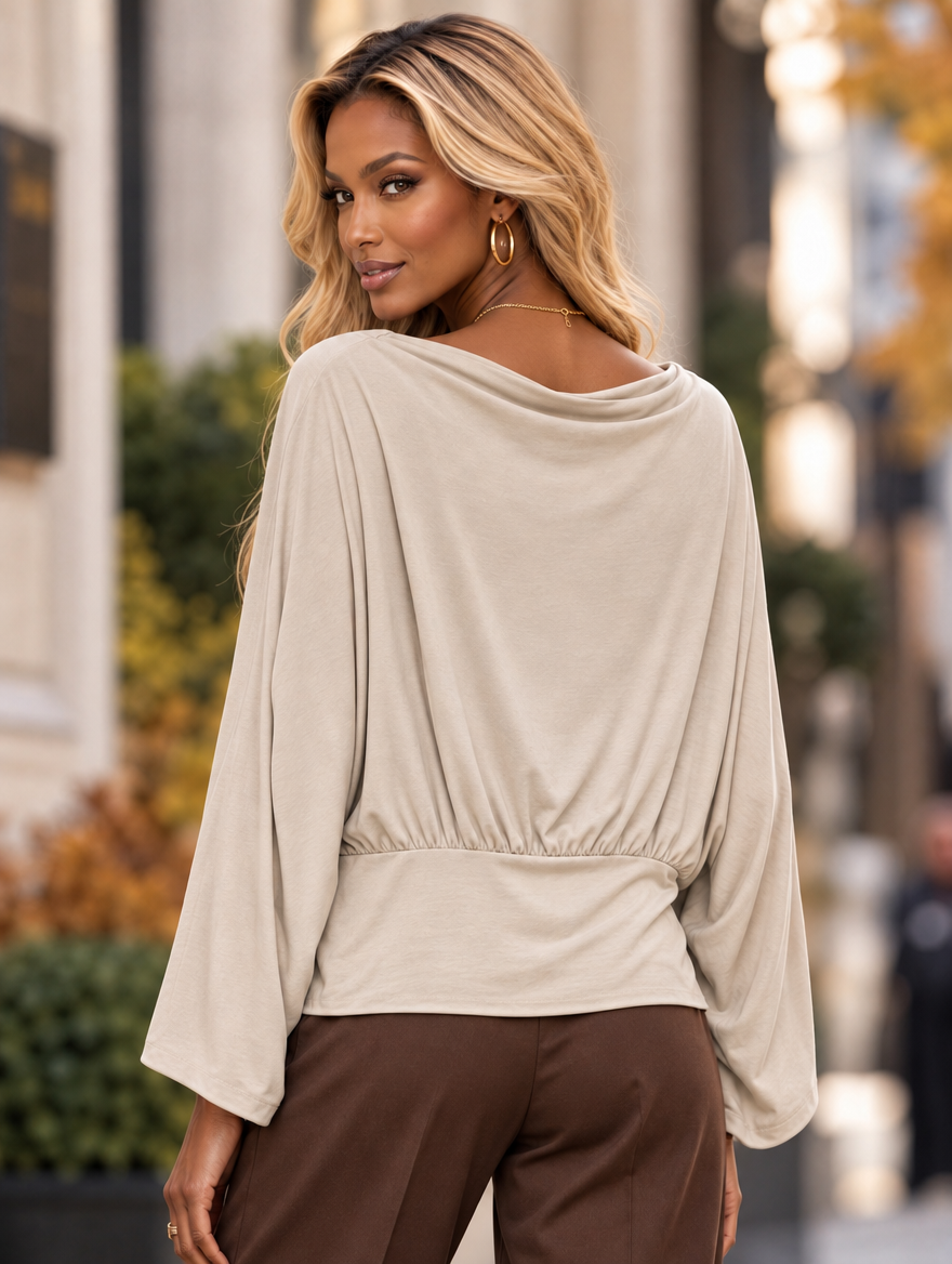 “VALERIE” Drape Neck Batwing Top cream 