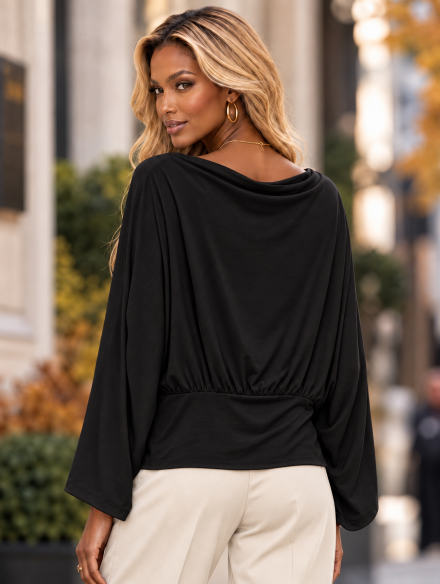“VALERIE” Drape Neck Batwing Top black