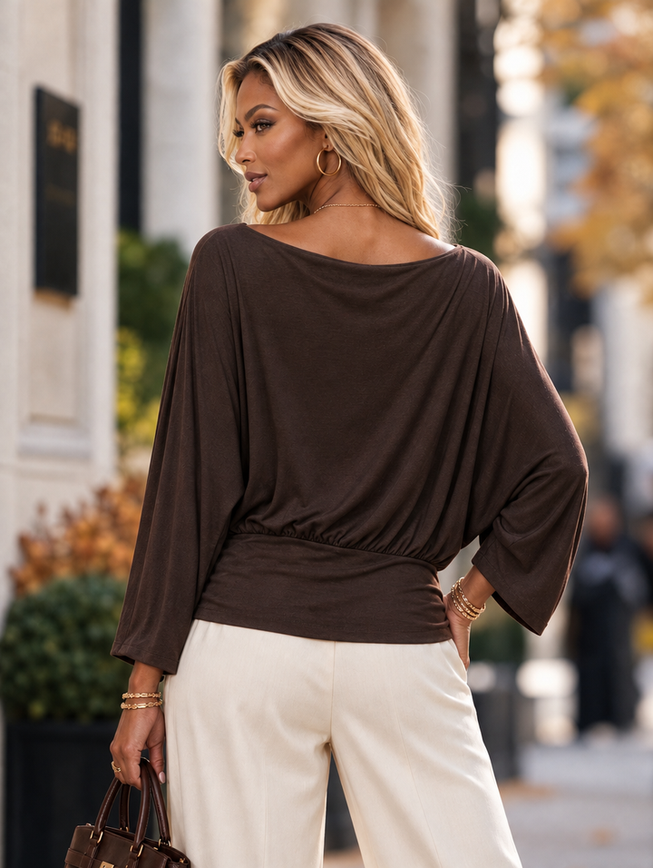 “VALERIE” Drape Neck Batwing Top chocolate