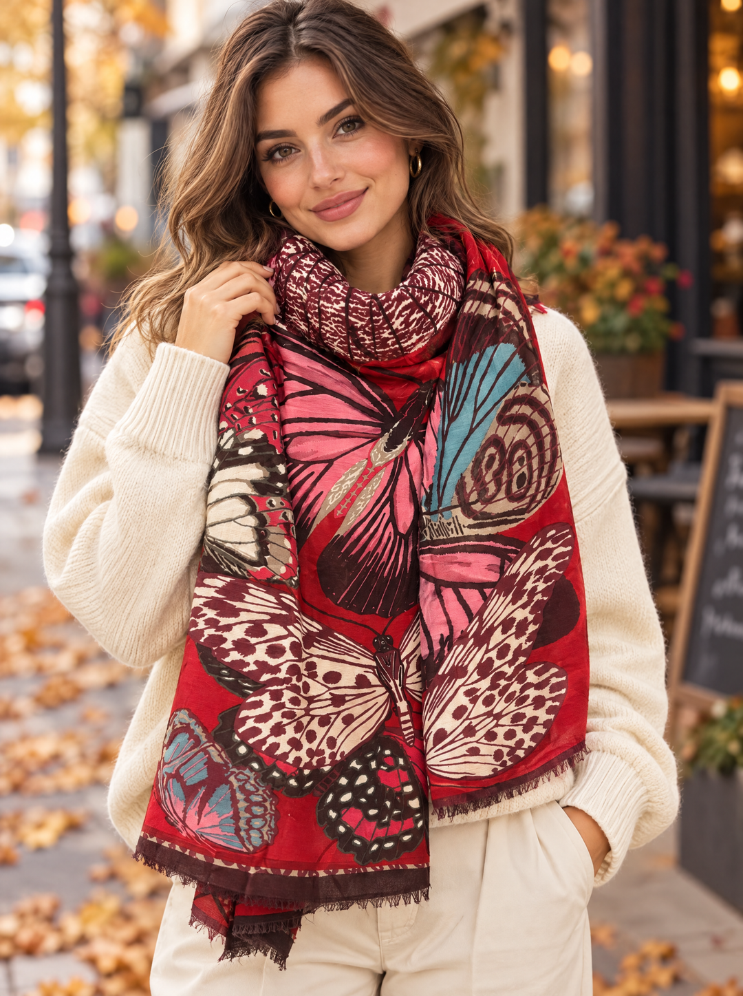 “POLLY” Bold Butterfly Print Scarf burgundy
