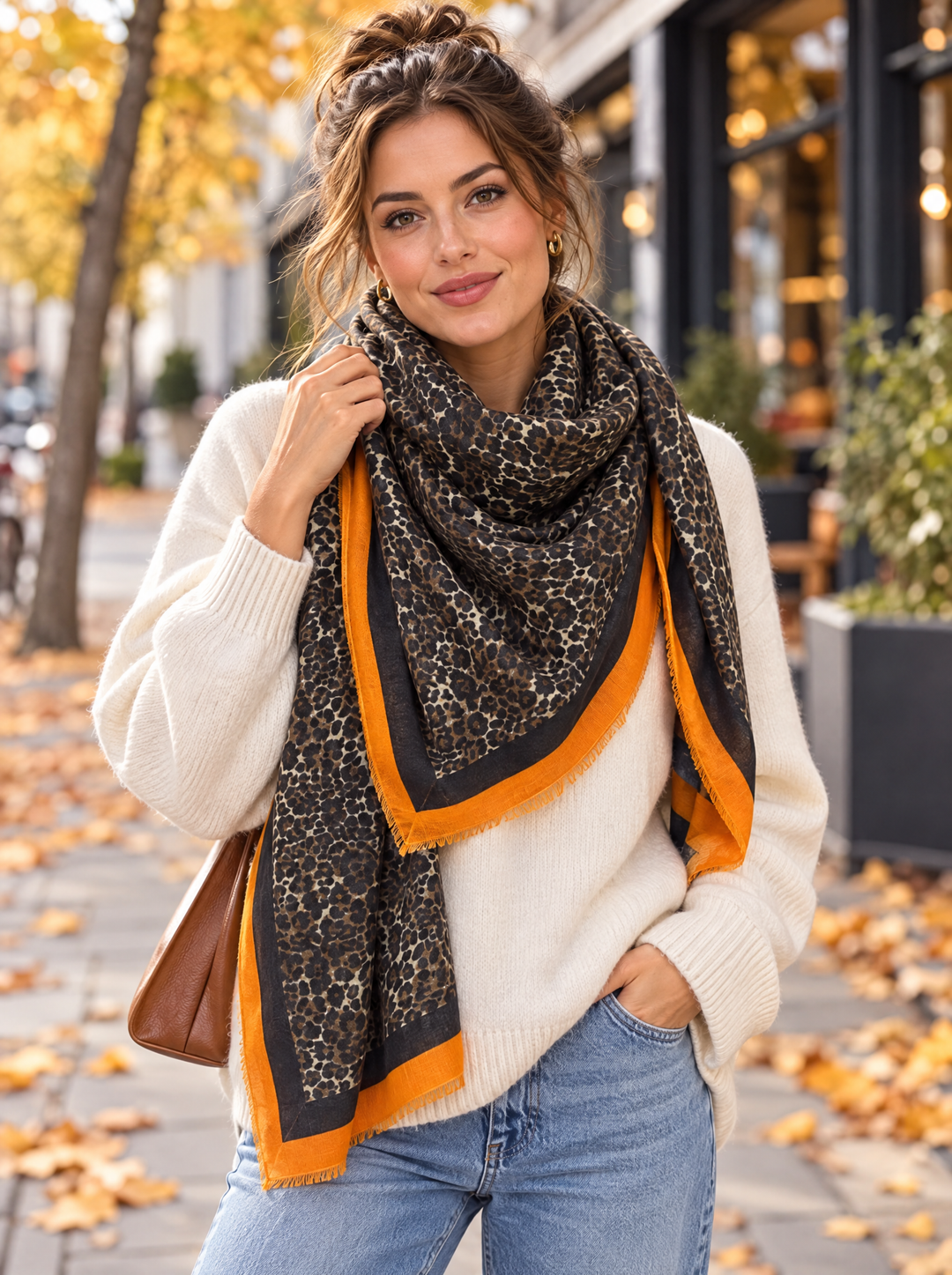“MILANO” Leopard Print Contrast Border Scarf orange