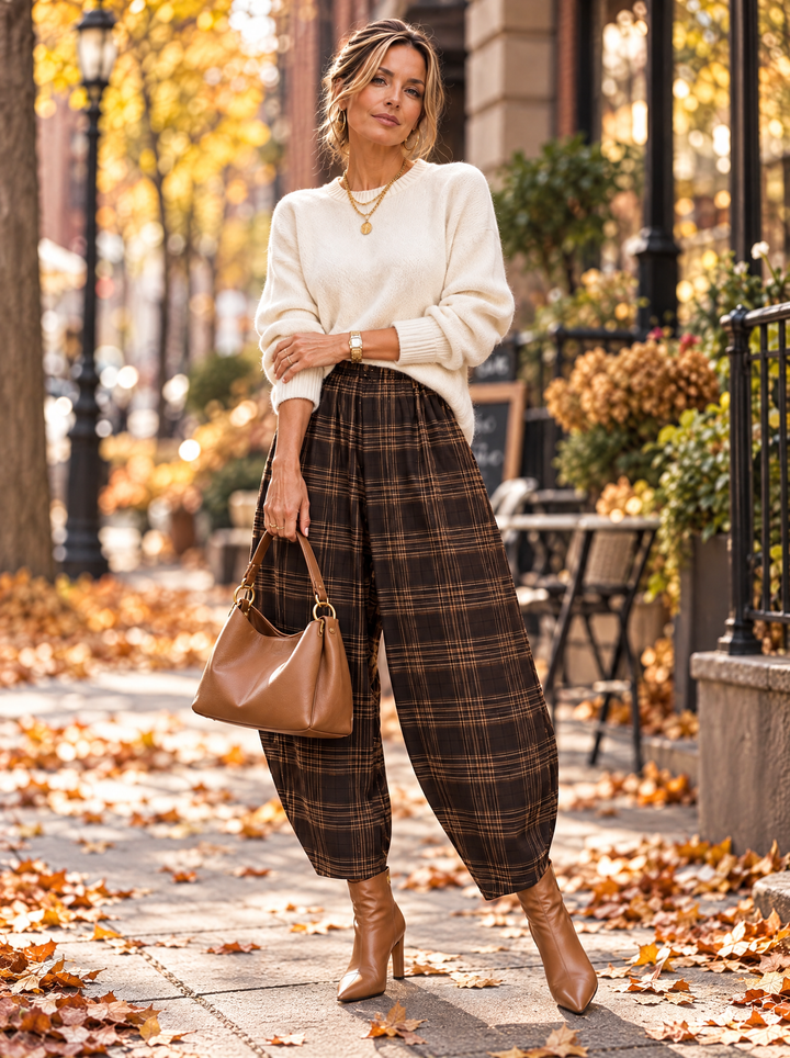 “CARRIE” Heritage Check Barrel Trousers chocolate
