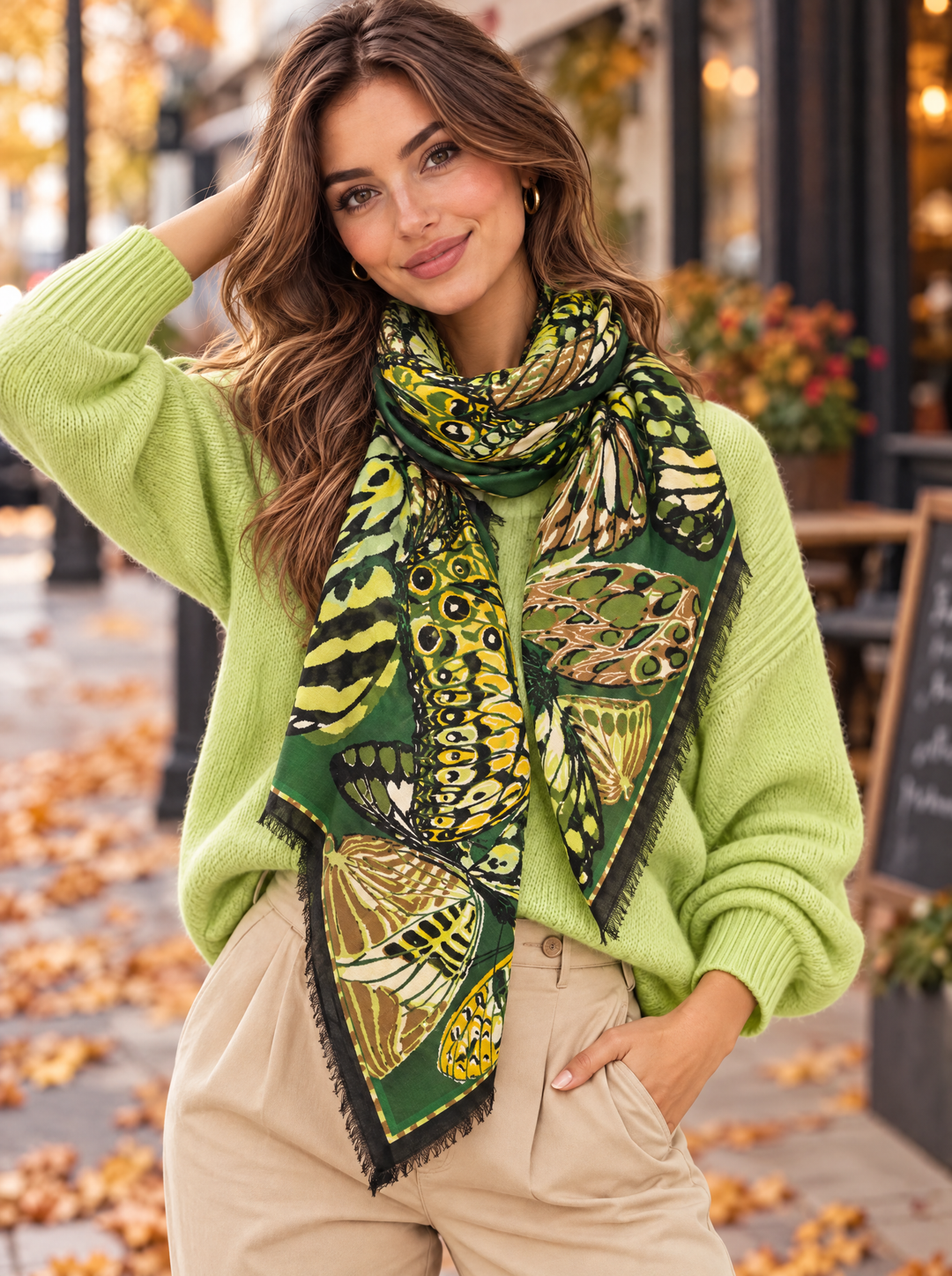 “POLLY” Bold Butterfly Print Scarf green