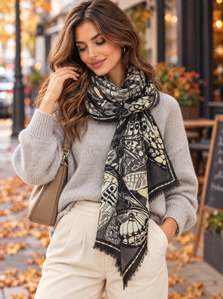 “POLLY” Bold Butterfly Print Scarf black