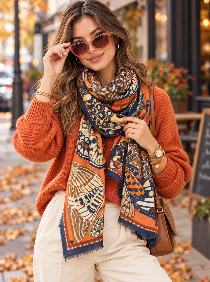 “POLLY” Bold Butterfly Print Scarf rust