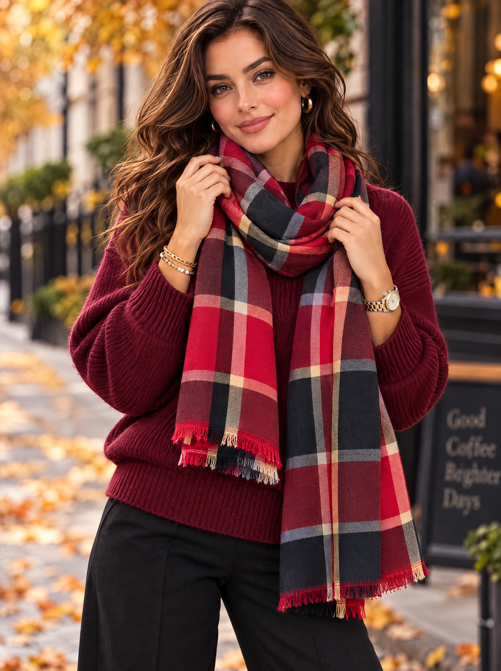 “STELLA” Premium Check Scarf burgundy