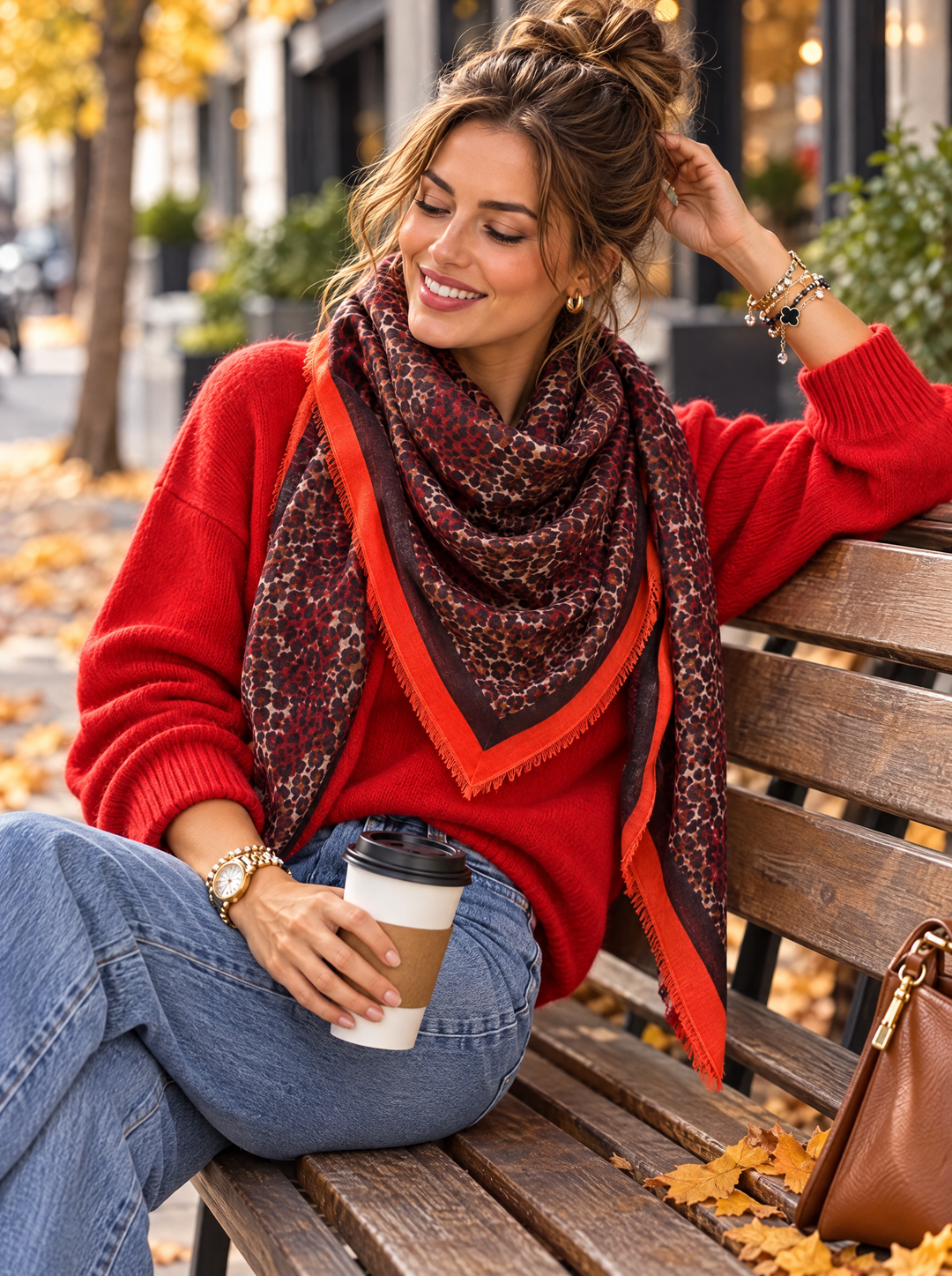 “MILANO” Leopard Print Contrast Border Scarf red