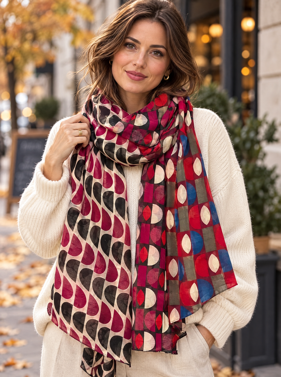 “AVA” Geometric Print Scarf burgundy