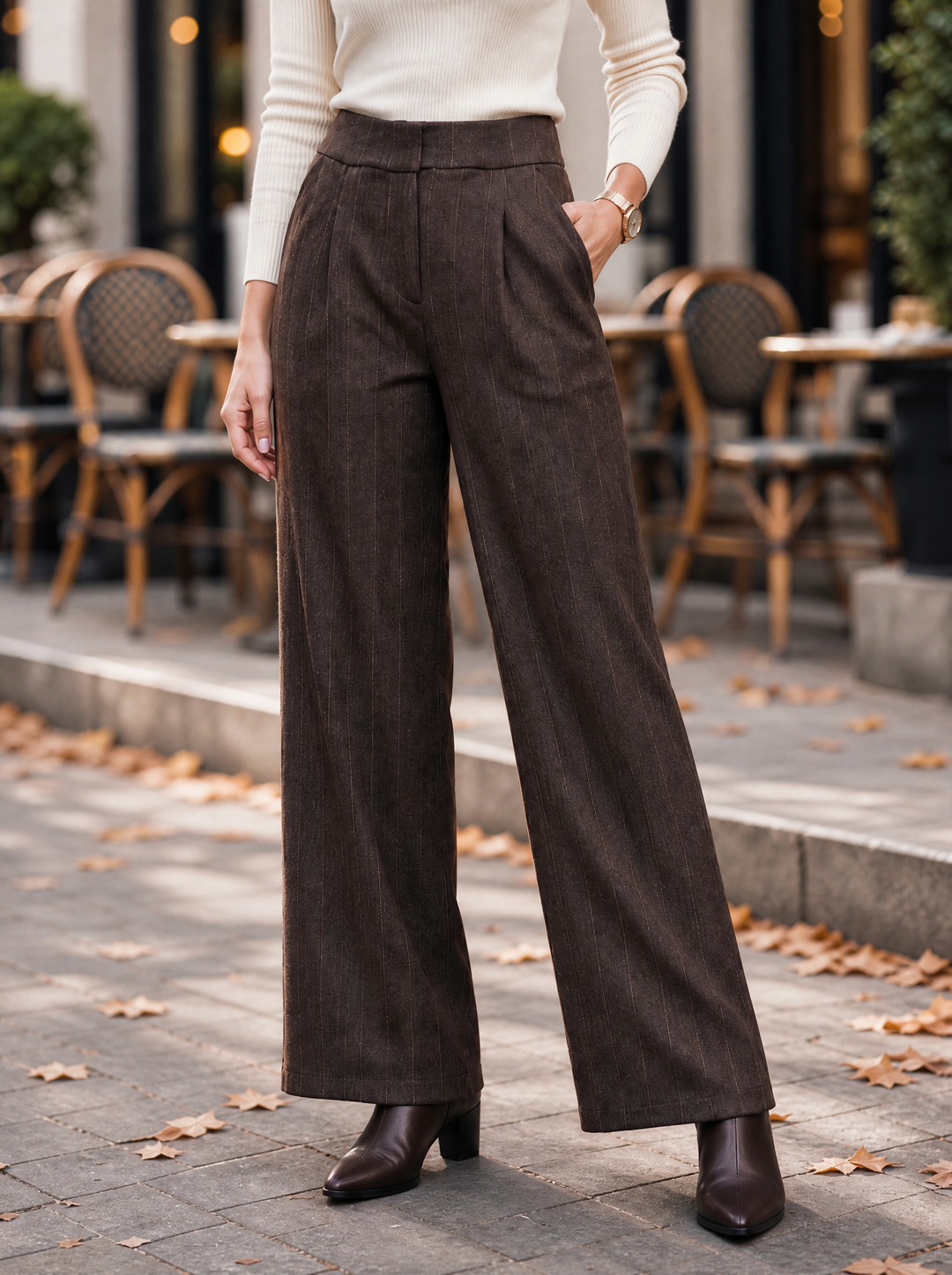 “CHRISSY” Pinstripe Wide Leg Trousers chocolate