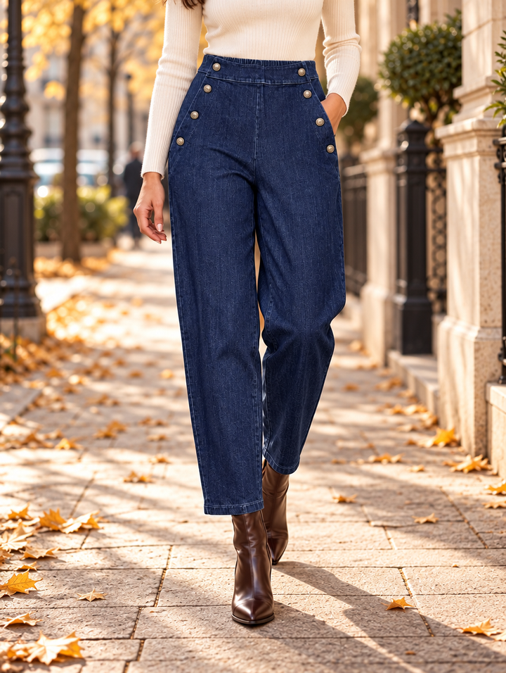 “LEONA” High Waisted Button Detail Tapered Jeans