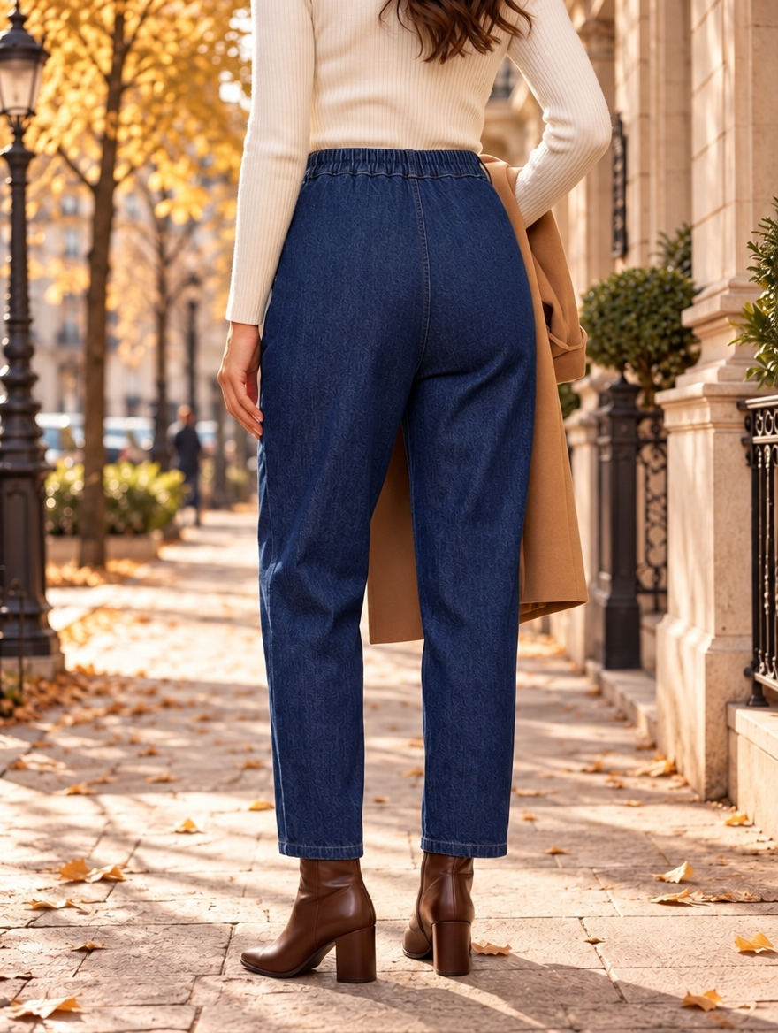“LEONA” High Waisted Button Detail Tapered Jeans dark denim