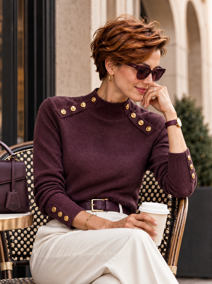 “PALOMA” Premium Gold Button High Neck Jumper plum