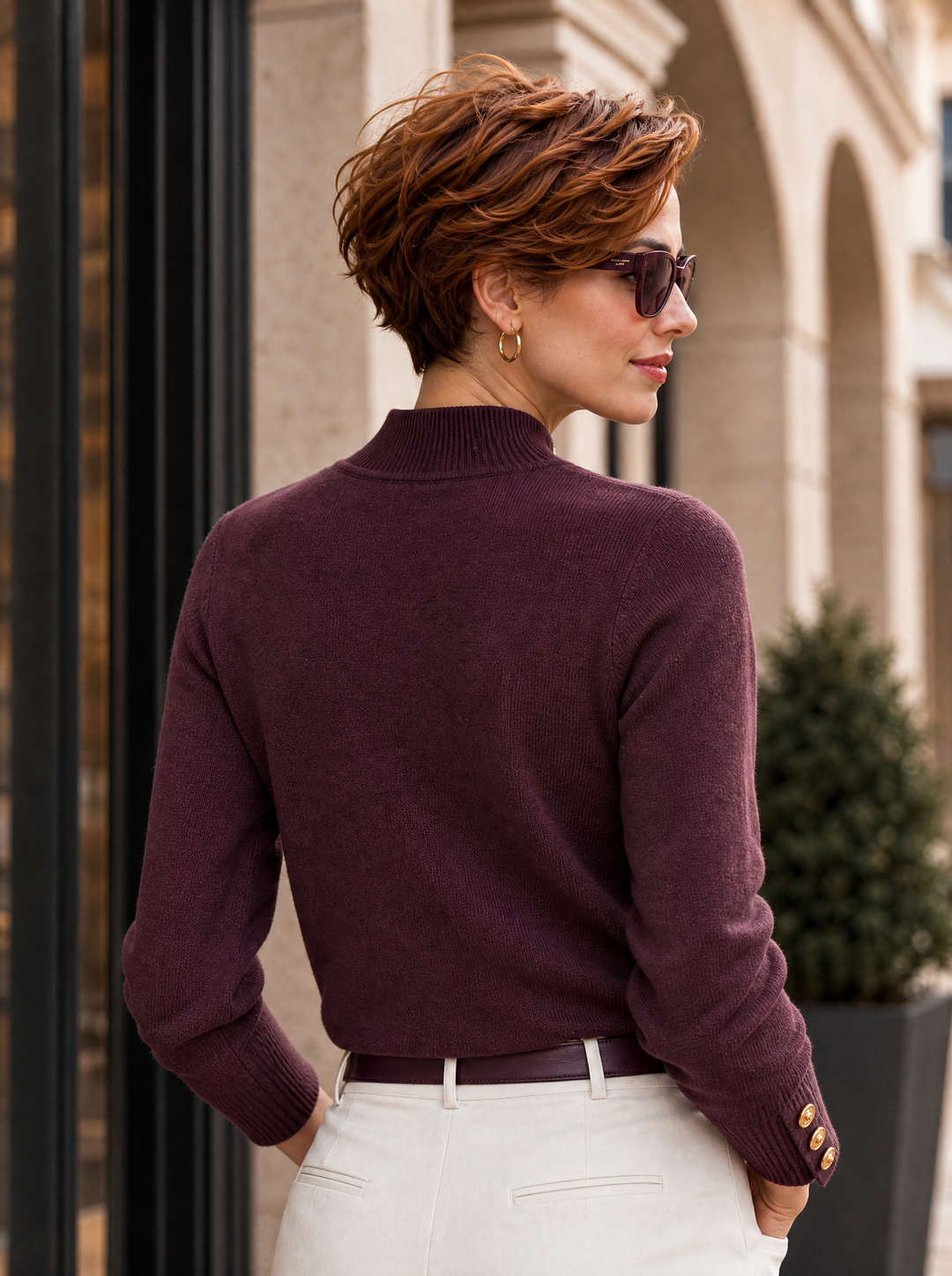 “PALOMA” Premium Gold Button High Neck Jumper plum