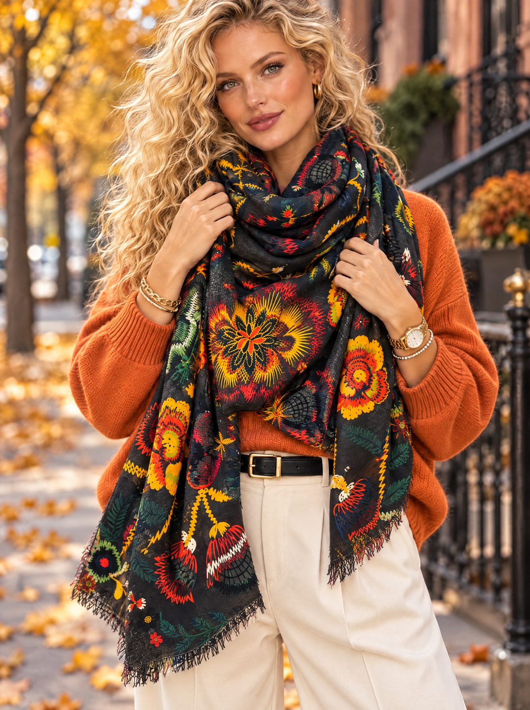 “SABRINA” Folk Inspired Print Scarf black