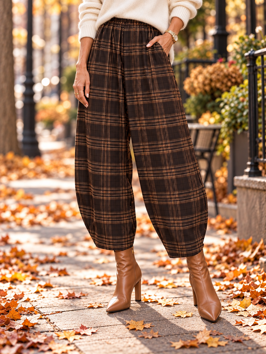 “CARRIE” Heritage Check Barrel Trousers chocolate