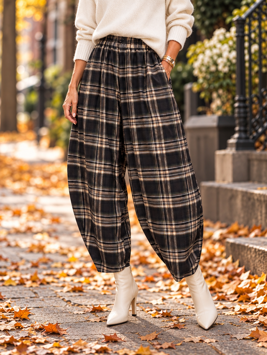 “CARRIE” Heritage Check Barrel Trousers  cream