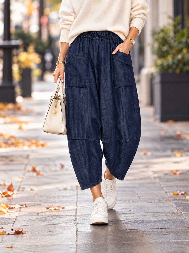 “LARA” Lagenlook Tulip Denim Trousers dark denim