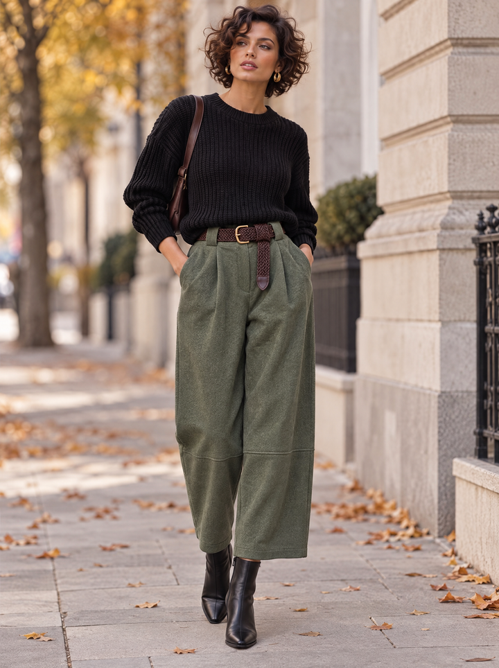 “ELODIE” Pleated Barrel Trousers khaki green