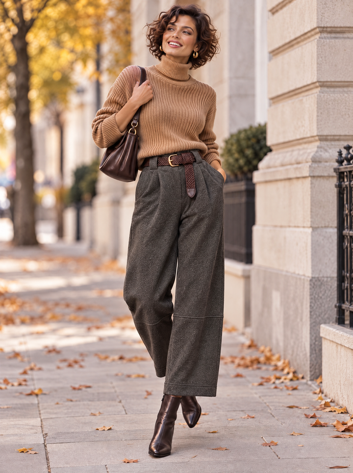 “ELODIE” Pleated Barrel Trousers dark chocolate