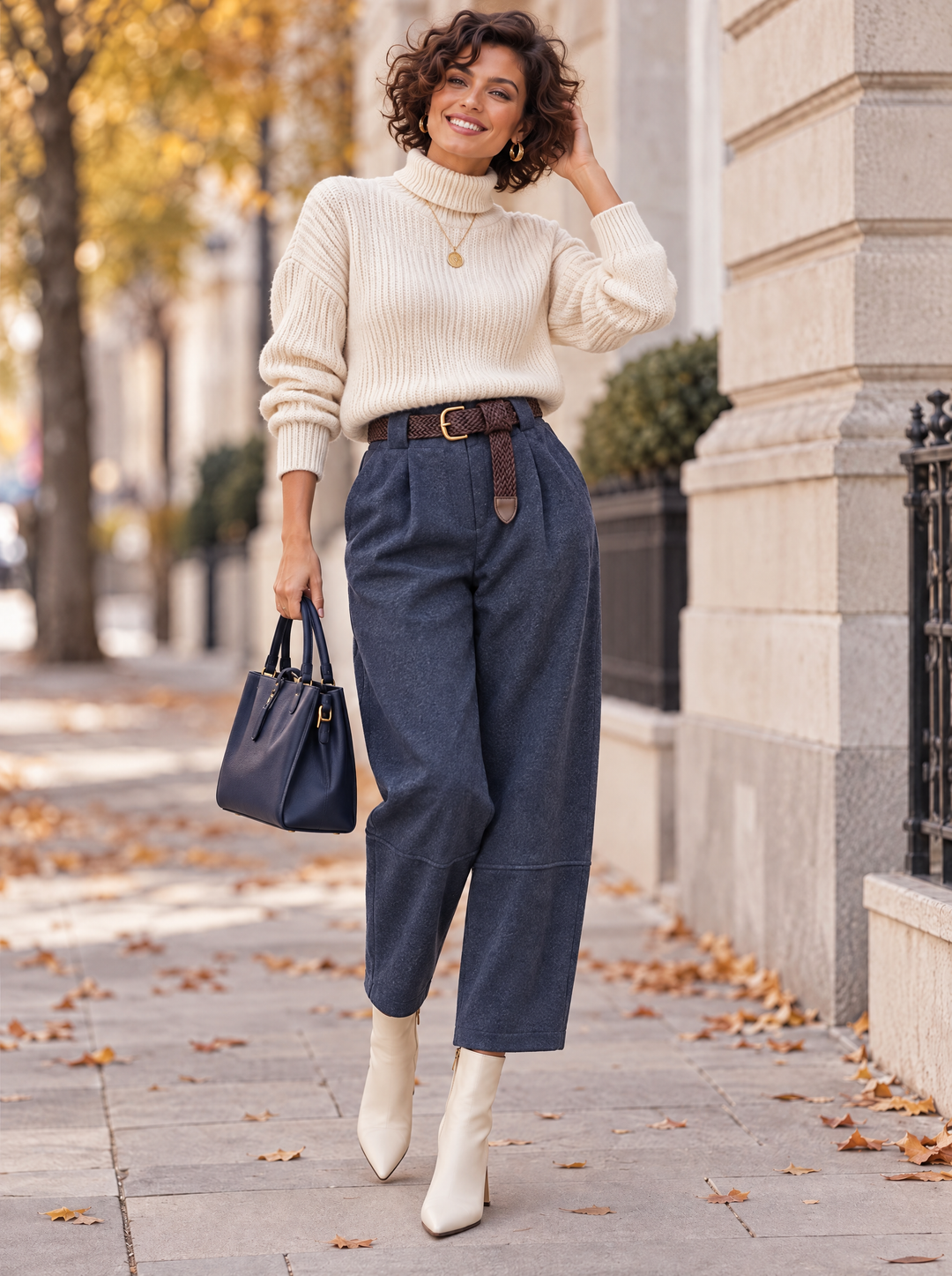 “ELODIE” Pleated Barrel Trousers navy