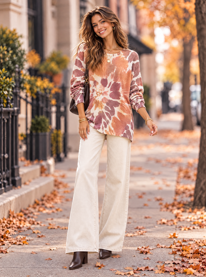 “MAGNOLIA” Curve Soft Knit Watercolour Print Jumper orange