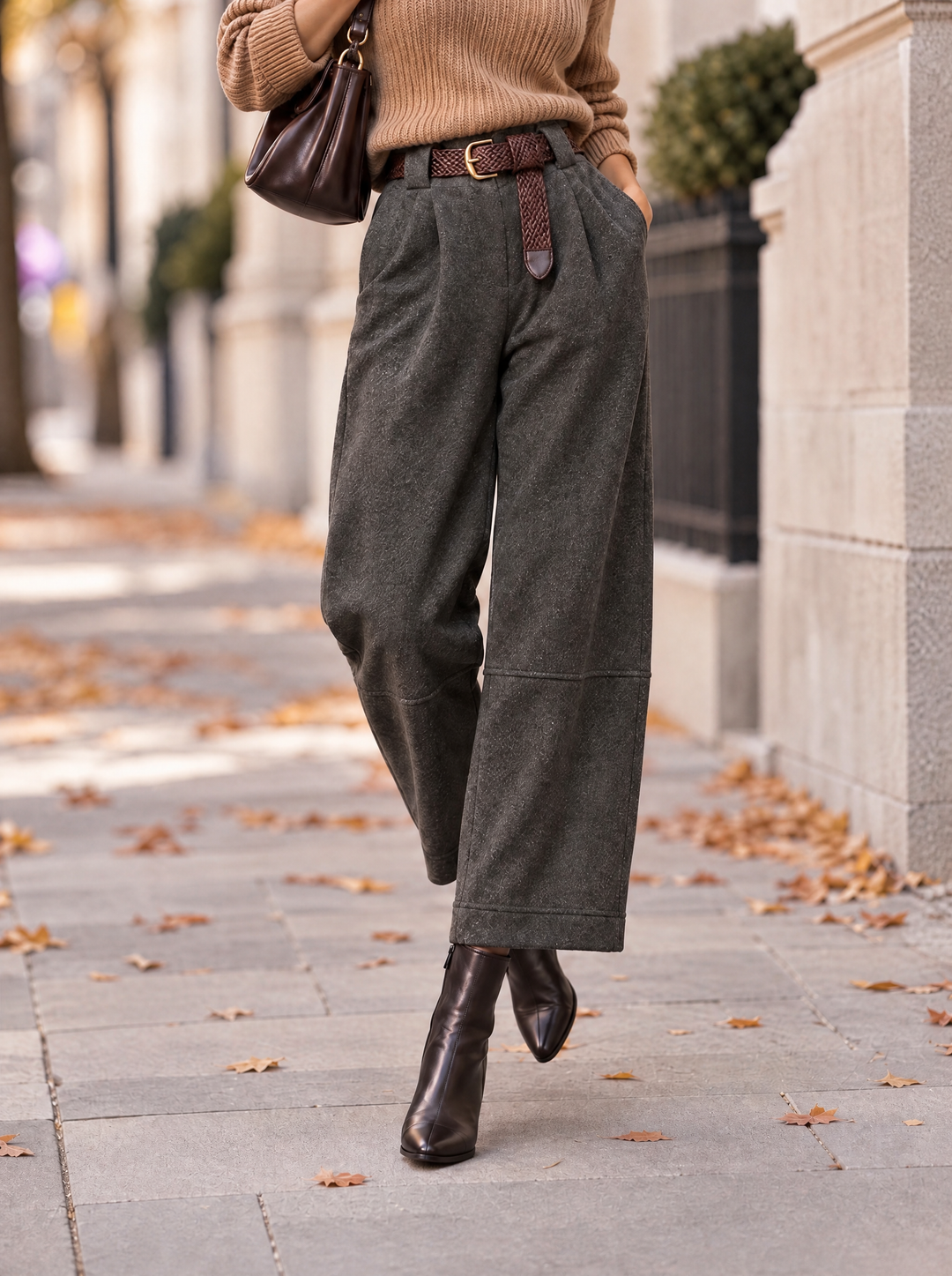 “ELODIE” Pleated Barrel Trousers dark chocolate