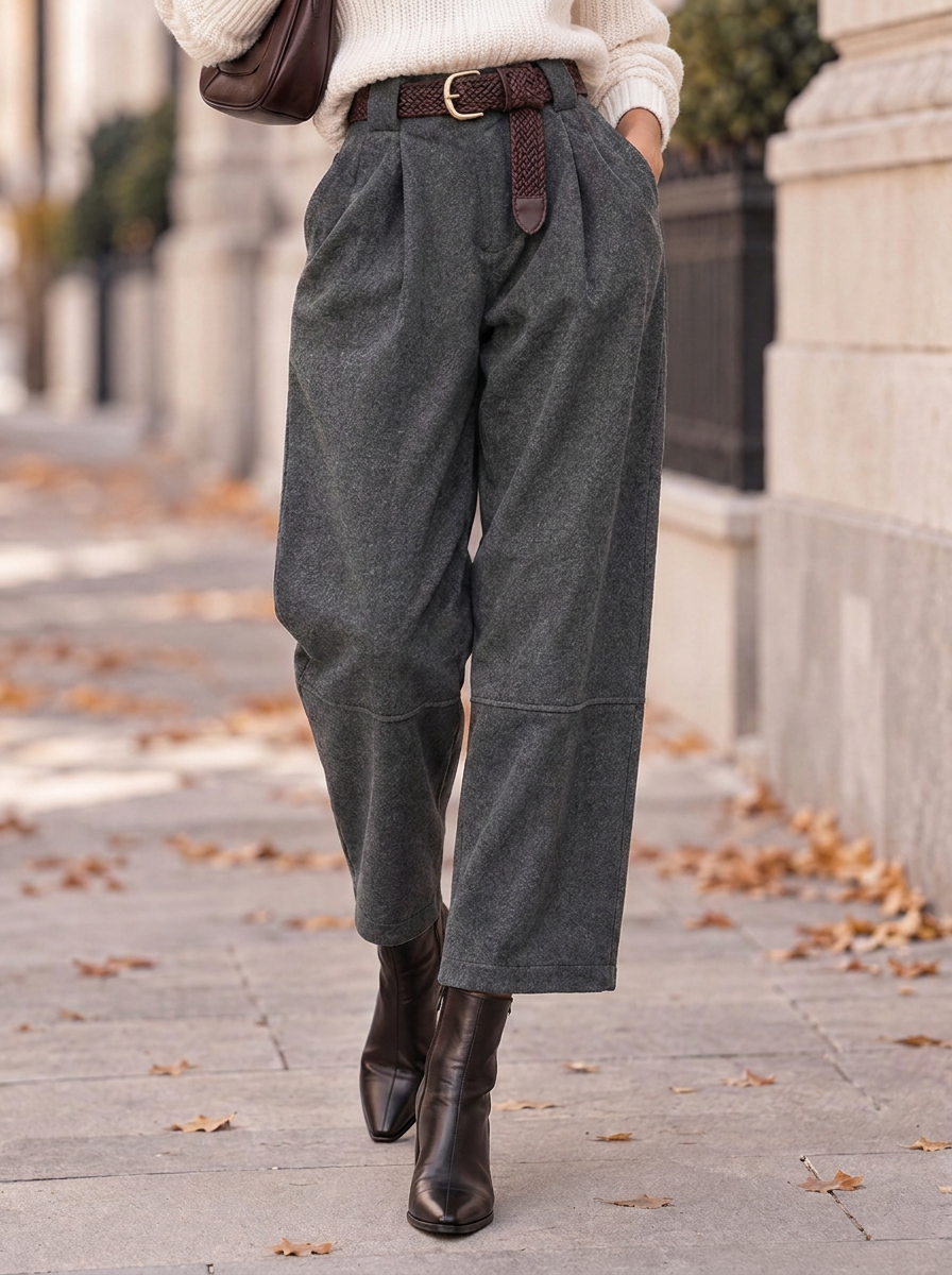 “ELODIE” Pleated Barrel Trousers dark grey