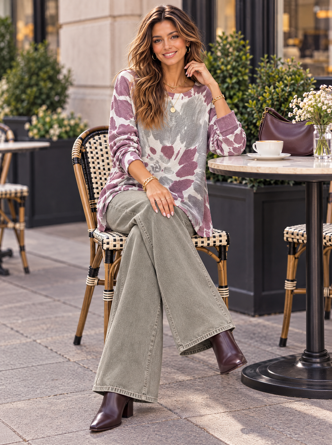 “MAGNOLIA” Curve Soft Knit Watercolour Print Jumper plum