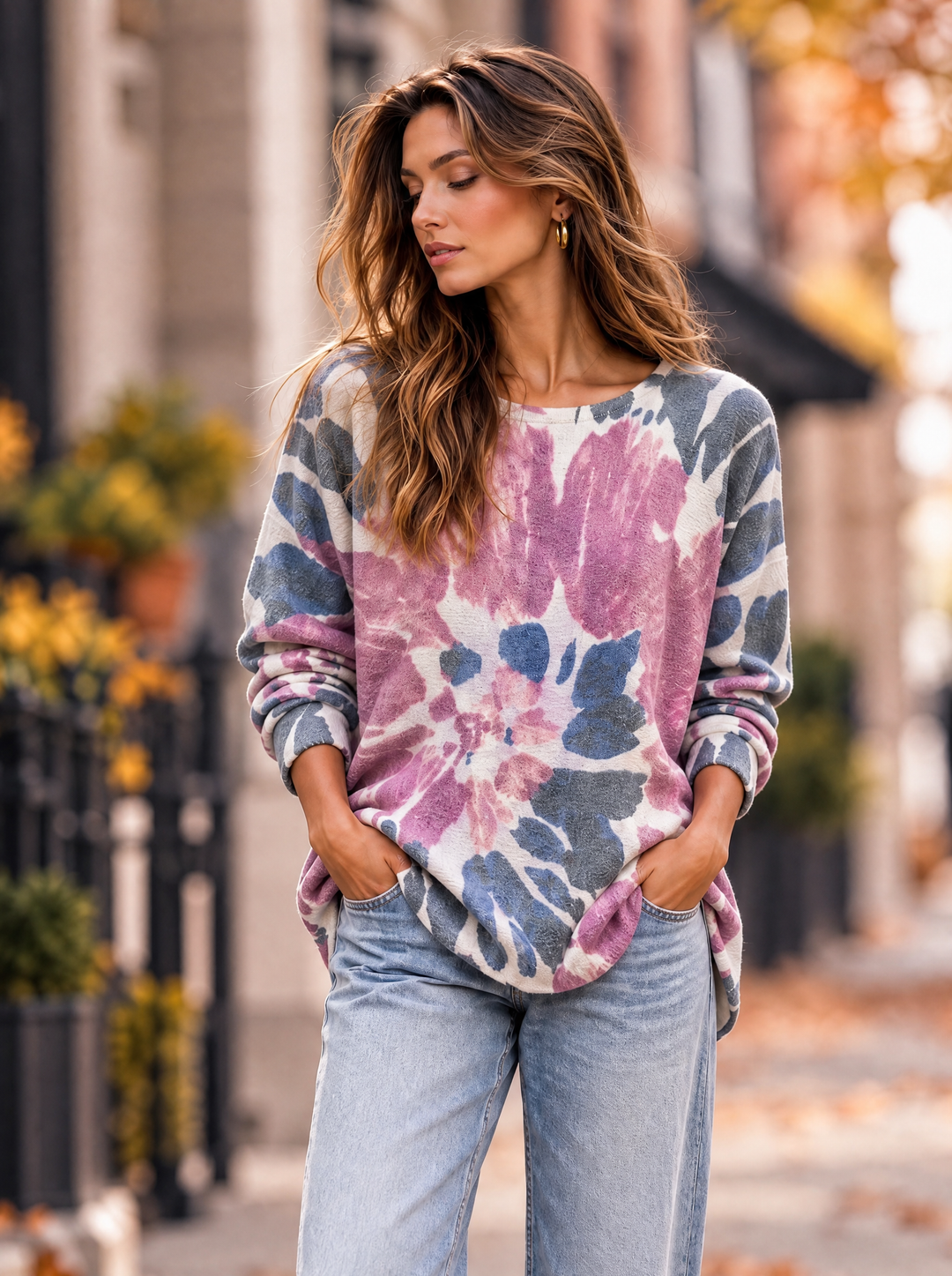 “MAGNOLIA” Curve Soft Knit Watercolour Print Jumper pink