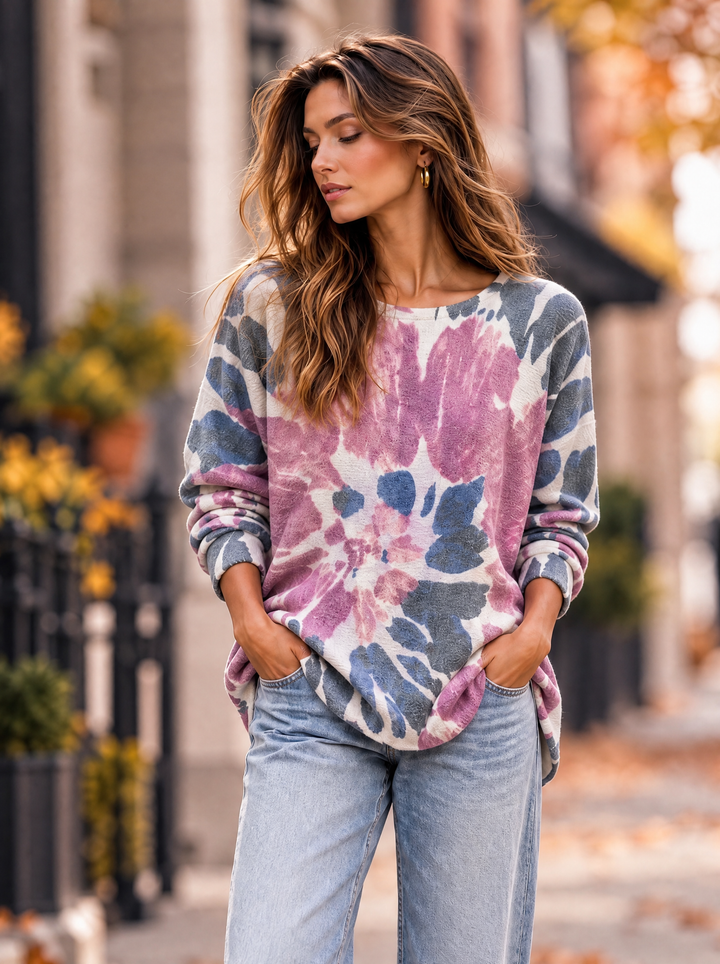 “MAGNOLIA” Curve Soft Knit Watercolour Print Jumper pink
