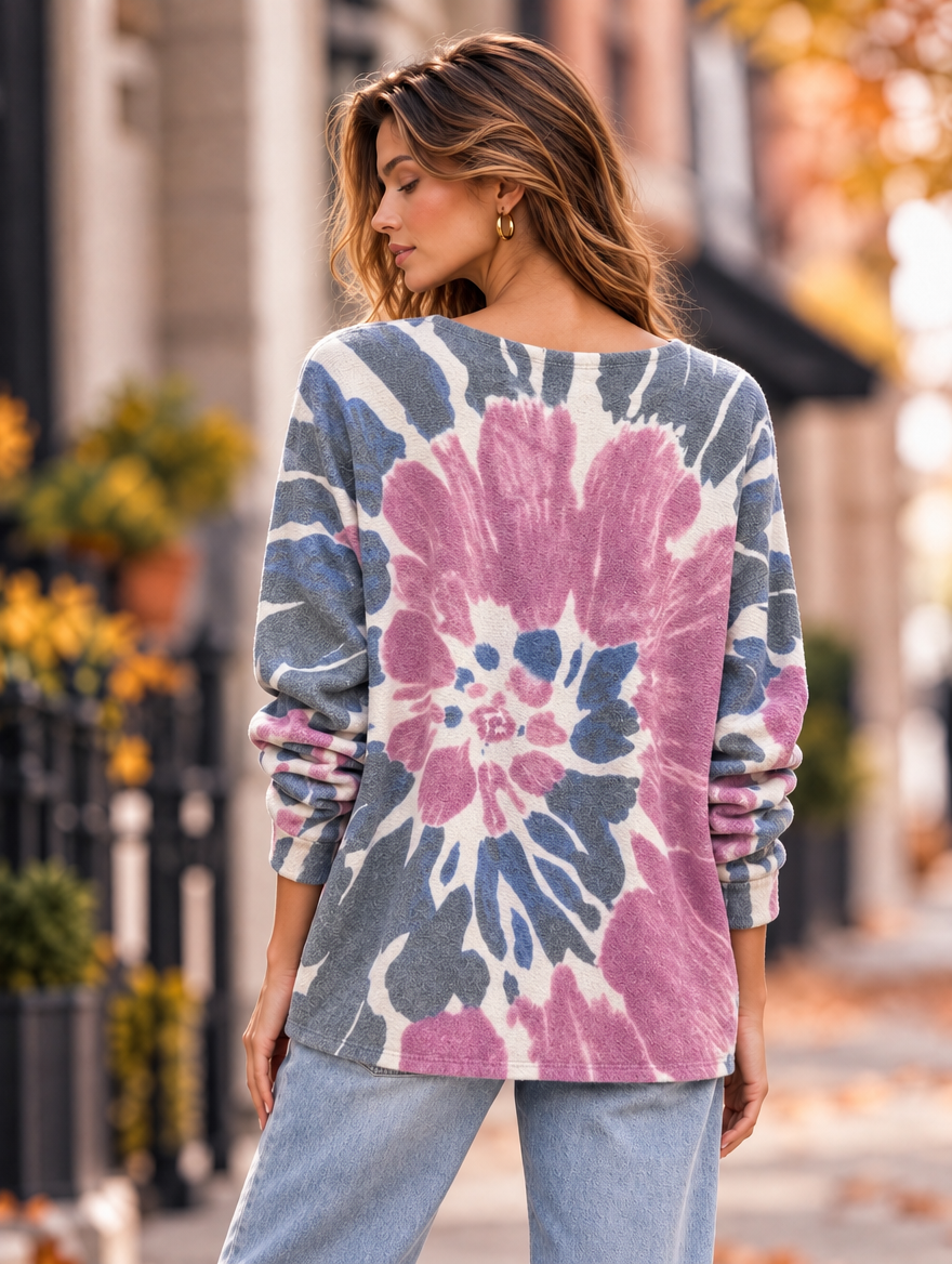 “MAGNOLIA” Curve Soft Knit Watercolour Print Jumper pink