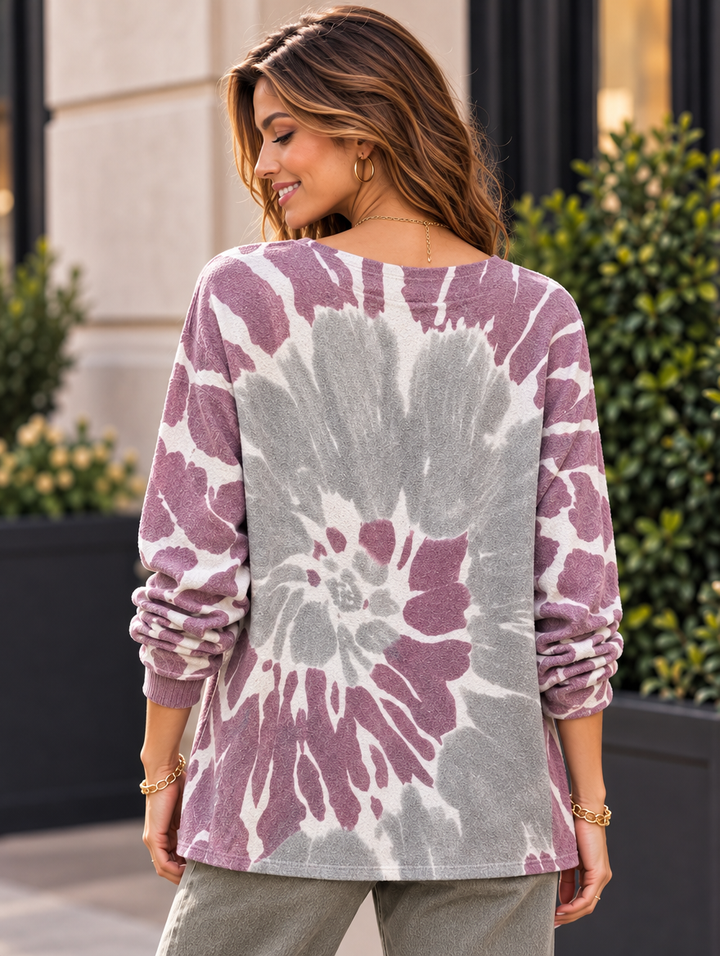 “MAGNOLIA” Curve Soft Knit Watercolour Print Jumper plum