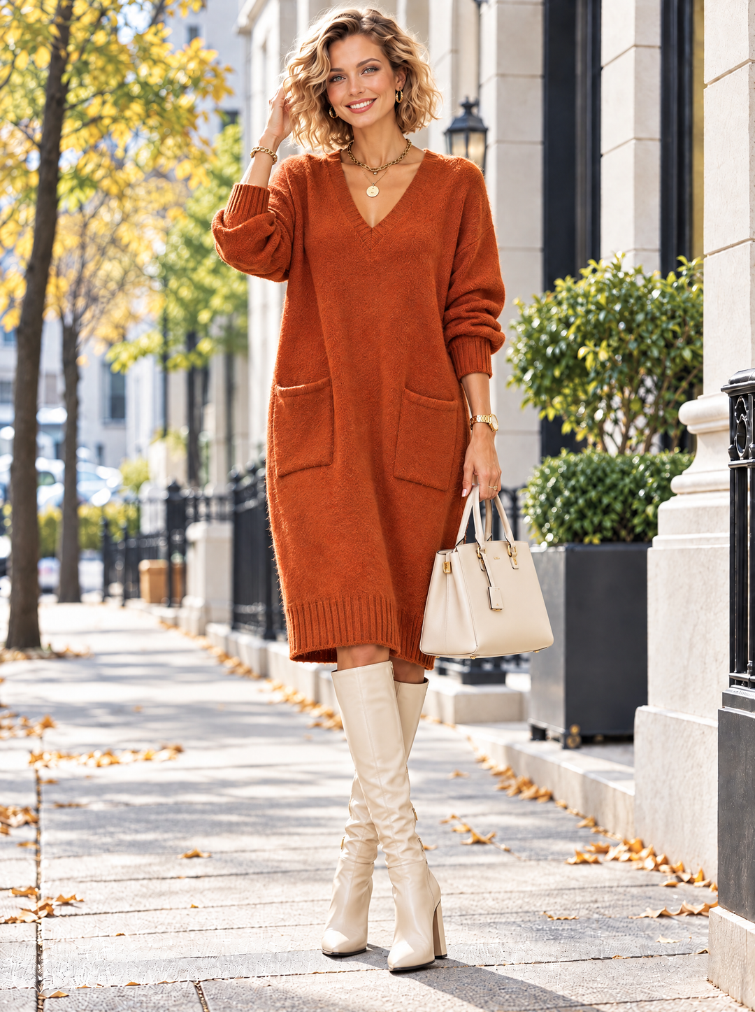 “KIM” V-Neck Jumper Dress With Pockets rust