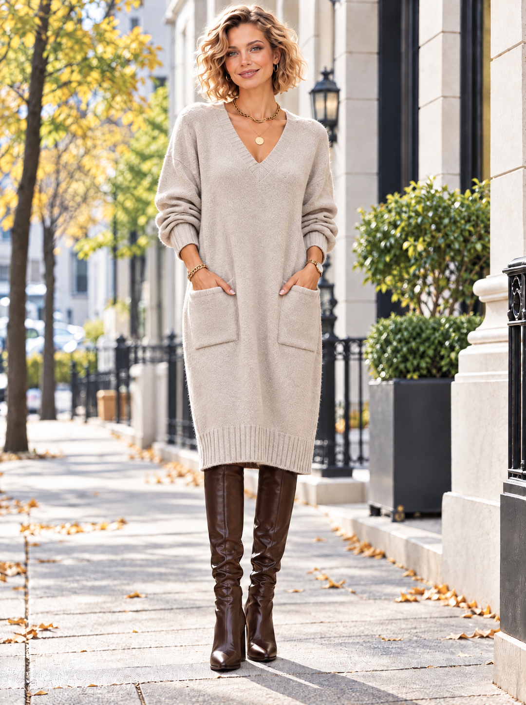 “KIM” V-Neck Jumper Dress With Pockets cream