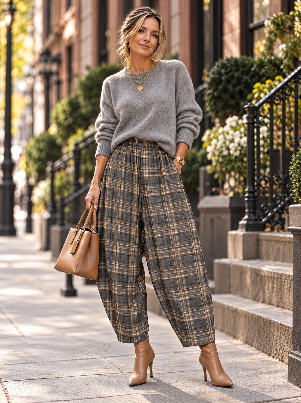 “CARRIE” Heritage Check Barrel Trousers grey tan