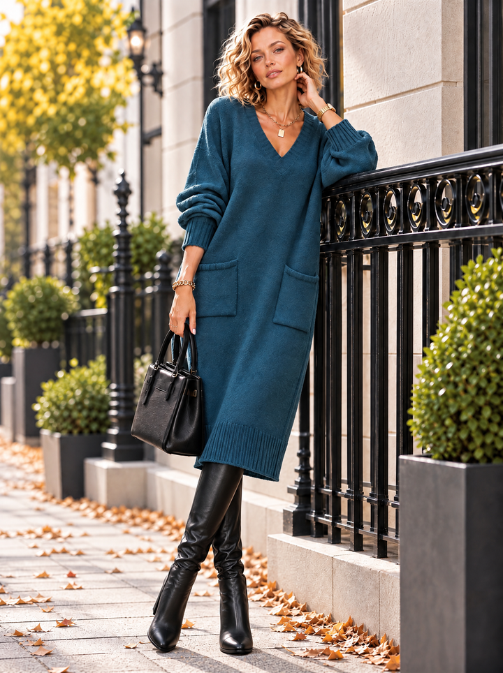 “KIM” V-Neck Jumper Dress With Pockets teal