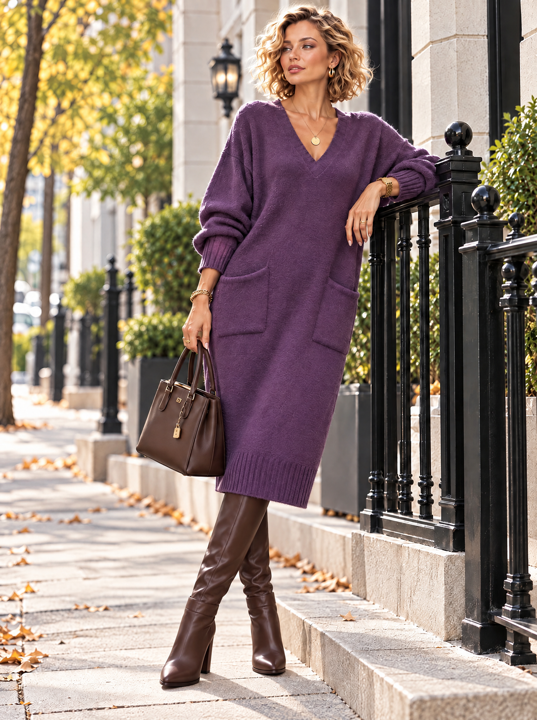 “KIM” V-Neck Jumper Dress With Pockets purple