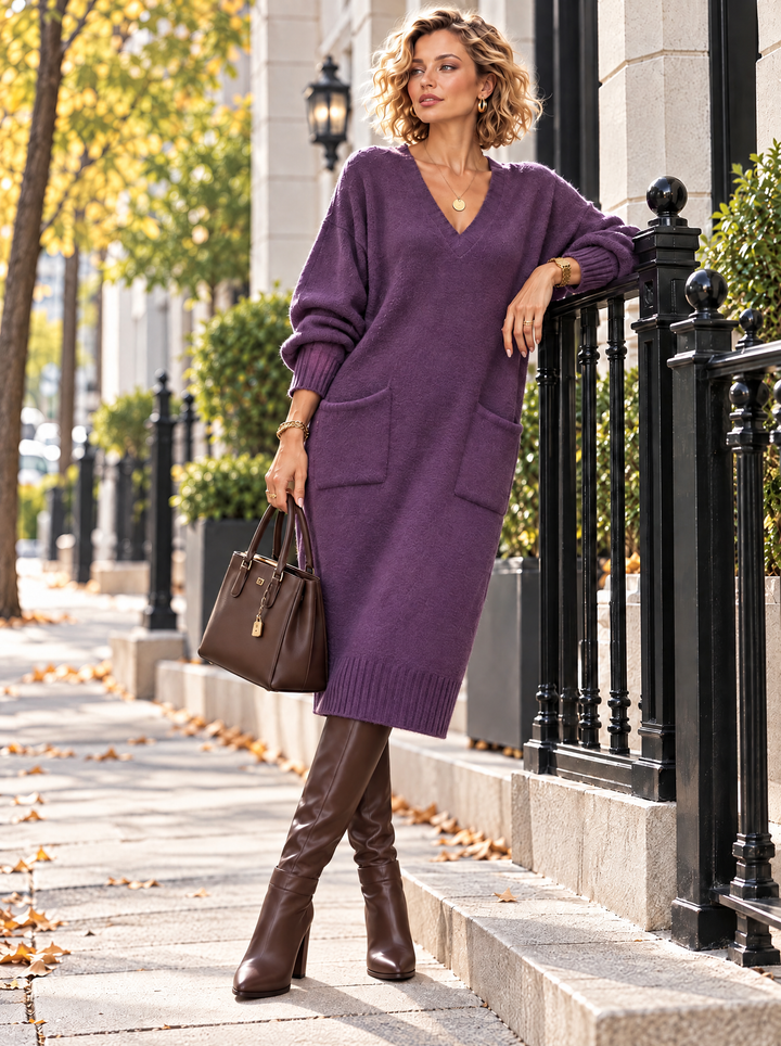 “KIM” V-Neck Jumper Dress With Pockets purple