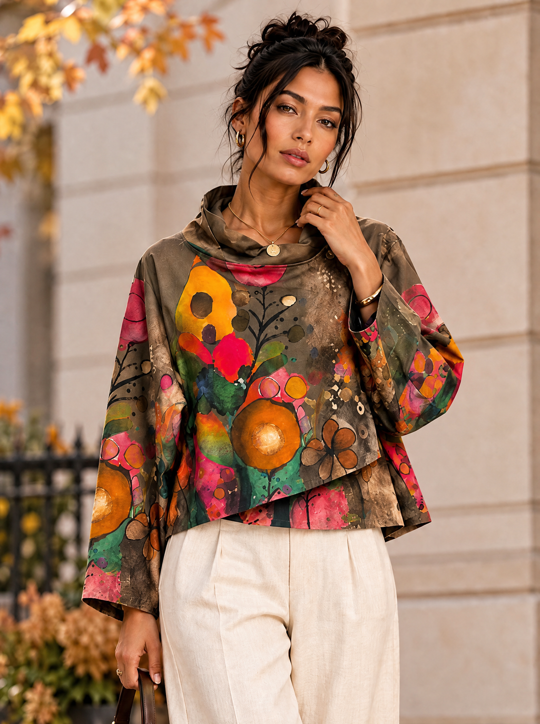 “BETH” Premium Cowl Neck Floral Jacket light chocolate