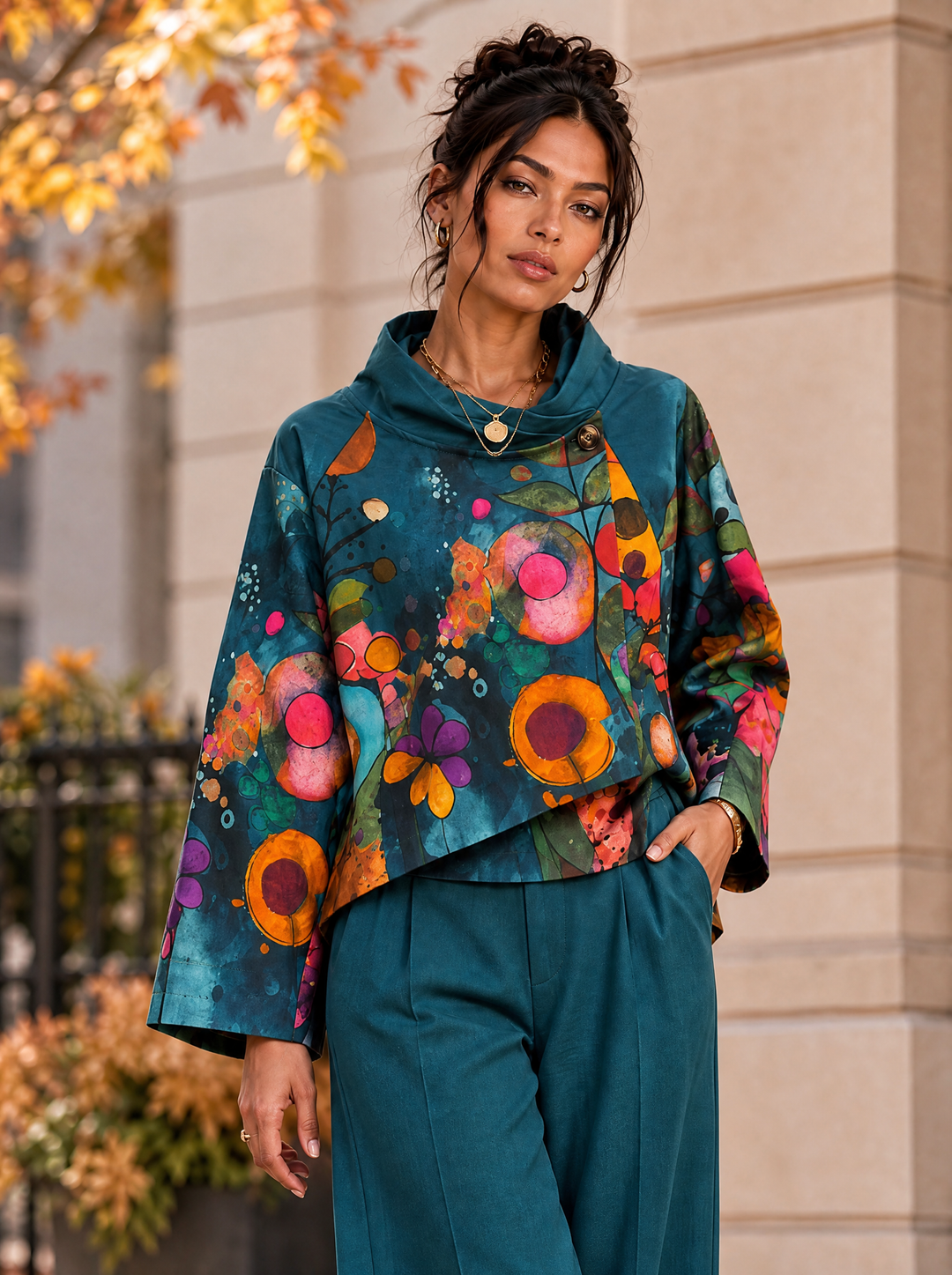 “BETH” Premium Cowl Neck Floral Jacket teal