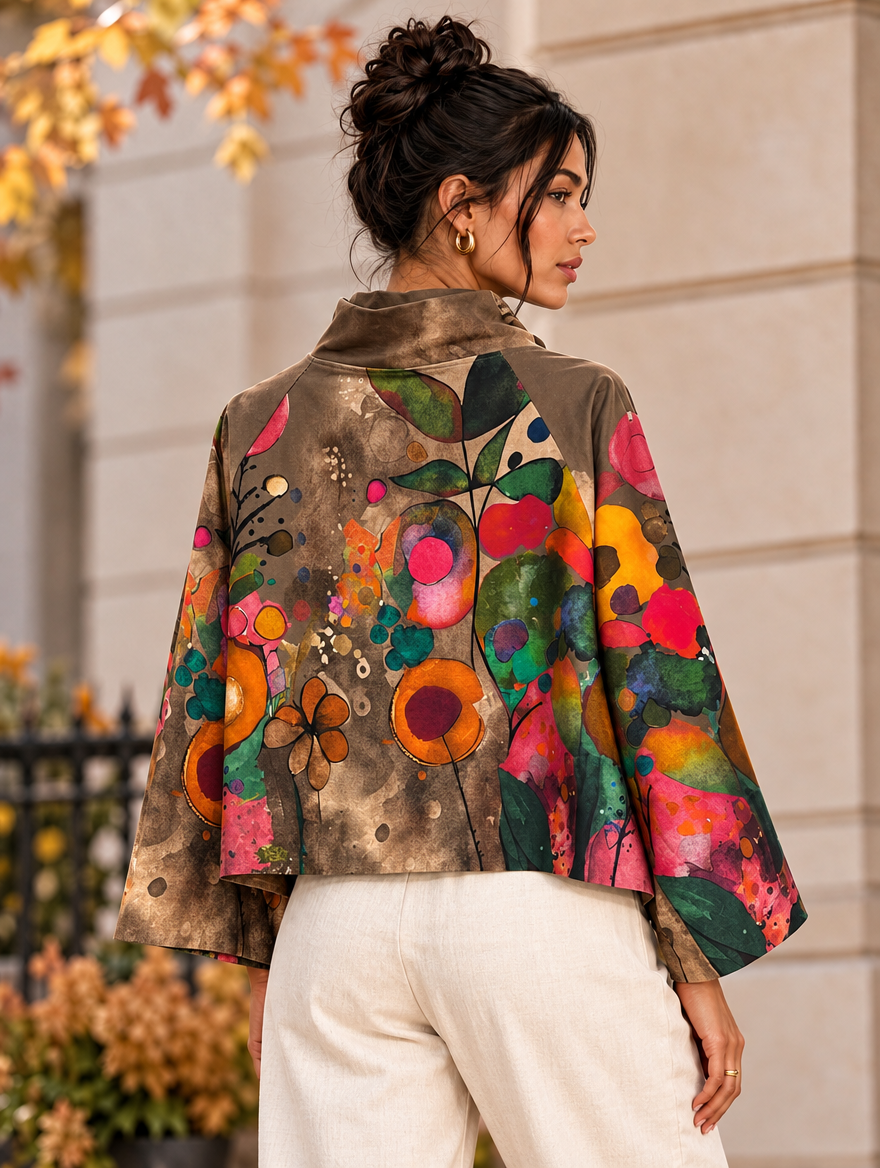 “BETH” Premium Cowl Neck Floral Jacket light chocolate