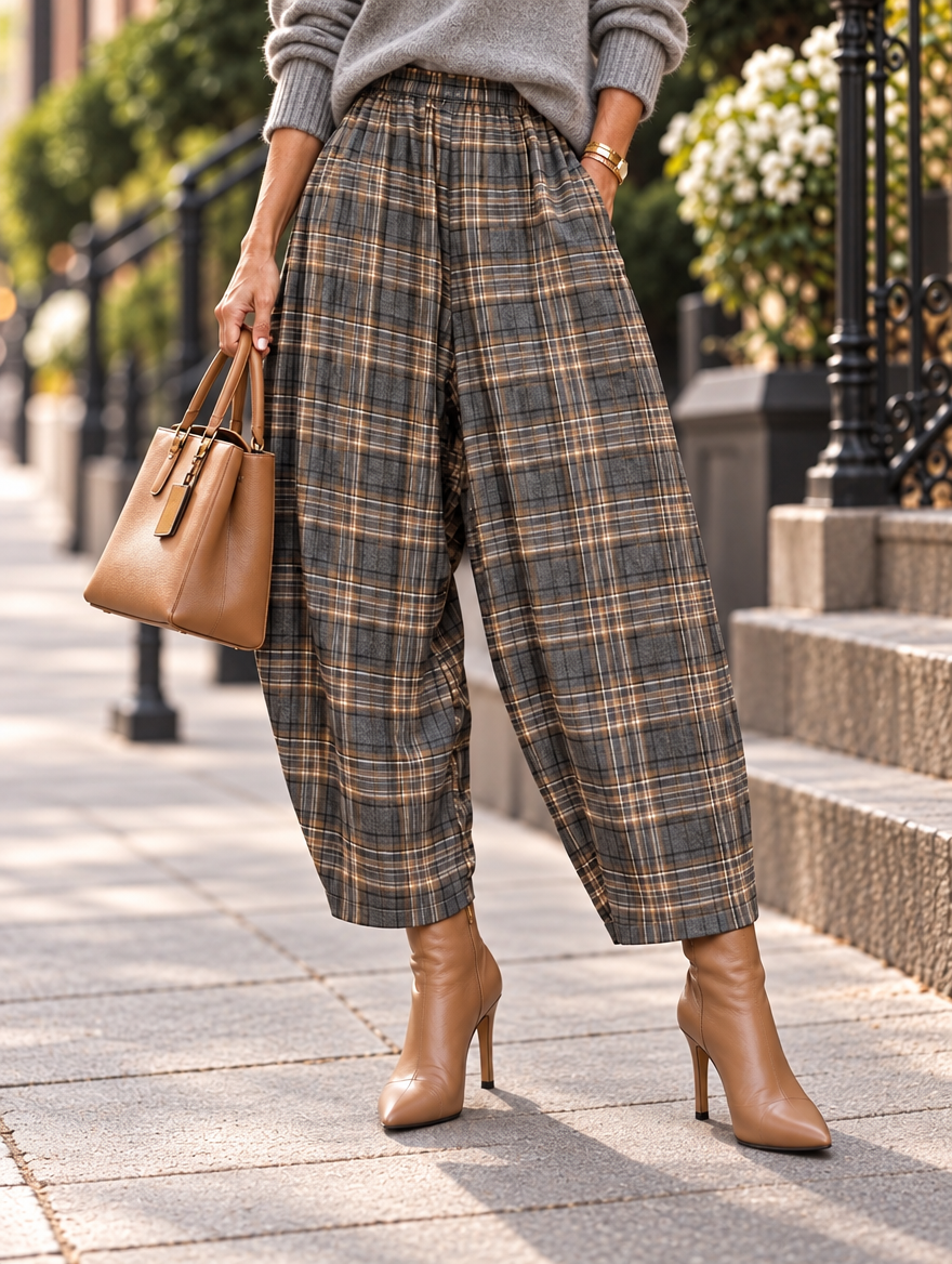 “CARRIE” Heritage Check Barrel Trousers grey tan