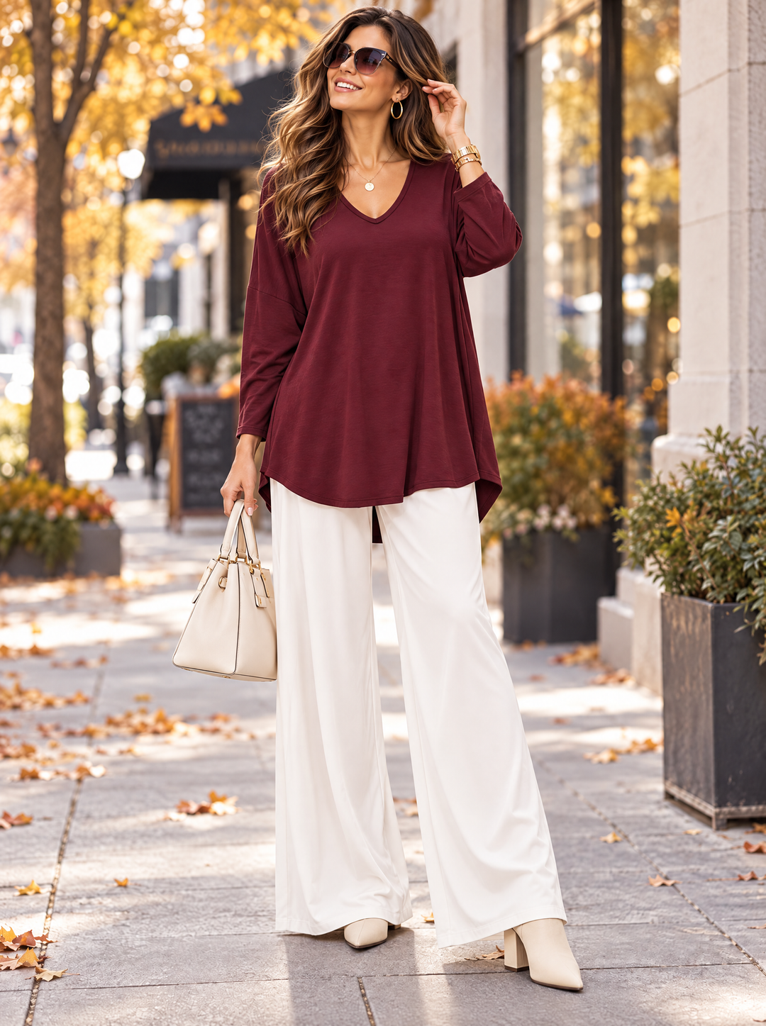 “ARABELLA” V-Neck Jersey Top Relaxed Fit burgundy