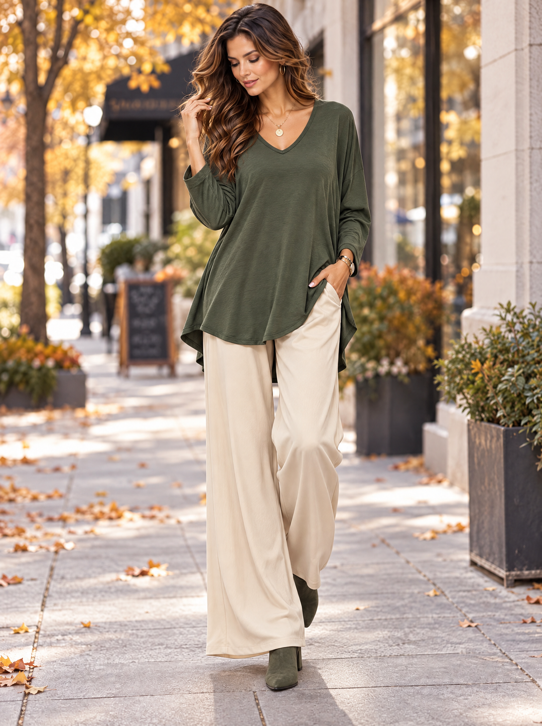 “ARABELLA” V-Neck Jersey Top Relaxed Fit khaki green