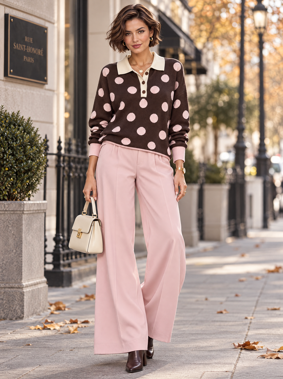 “ADA” Polka Dot Collared Button Neck Jumper