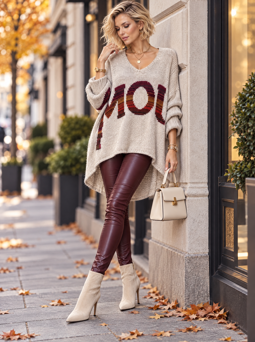 “LEANNE”Amour V-Neck Dip-Hem Jumper cream